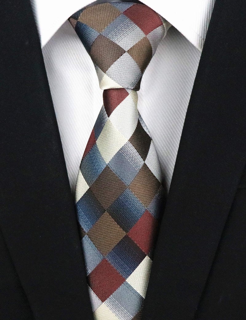 Secdtie Men's Classic Checks Dark Blue Grey Jacquard Woven Silk Tie Necktie (One Size, Brown) - Image 2